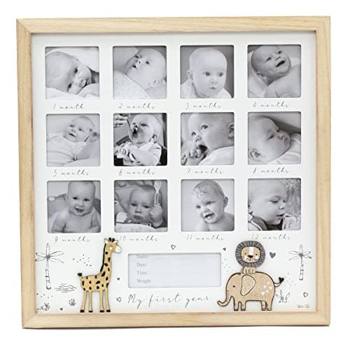 Image of My First Year Keepsake Baby Photo Frame | Wooden Wall Mounted Newborn Baby Picture Frame | 12 Aperture New Baby Memories Photo Frame