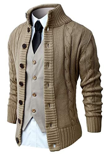Image of NITAGUT Men's Cardigans Long Sleeve Stand Collar Sweaters Button Down Cable Knitted Sweater(Khaki,XL)