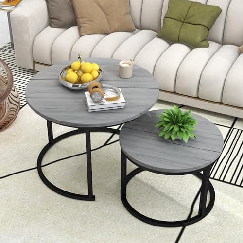 Image of DUMEE Round Coffee Table, Set of 2 Nesting Table Side Table, for Living Room/Bedroom/Balcony (Grey, Dia 60/40cm)