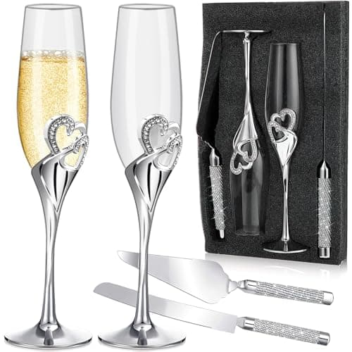 Image of Xaztr Wedding Champagne Flutes Gift Set Engraved Flutes Cake Knife and Server Set, Toasting Glasses with Rhinestone Hearts for Bride Groom, Wedding Anniversary(Silver)
