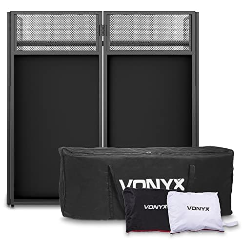 Image of VONYX DB4 Pro Foldable Mobile DJ Booth Stand with Carry Case, Lycra Covers, Steel Frame and Shelf Support - Portable Table Desk Equipment for Events, Parties, Clubs, Speaker Setup