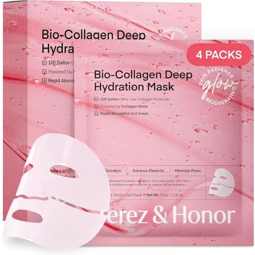 Image of Terez & Honor Korean Real Deep Bio Collagen Face Mask - 4 x 33g Hydrogel Overnight Masks for Deep Hydration, Glowing, Pore Minimizing, Elasticity, Fragrance-Free, 100 Da Ultra-Low Molecular Collagen
