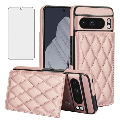 Image of Asuwish Phone Case for Google Pixel 8 Pro 5G Wallet Cover with Tempered Glass Screen Protector and RFID Credit Card Holder Rugged Stand Cell Accessories Pixel8Pro Pixel8 XL Eight 8Pro Women Rose Gold