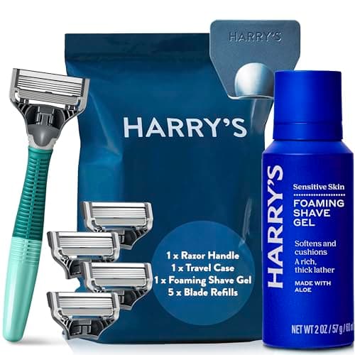 Image of Harry's Razors for Men - Men's Razor Set with Tropical Green Handle, 5 Razor Blade Refills, Travel Blade Cover, 60ml Shave Gel