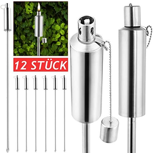 Image of 12x Garden Torch Oil Torch Set | Stainless Steel | Lantern Garden Lighting | Extra Long & Extra Strong Wick | Total Volume 330ml | 115cm high