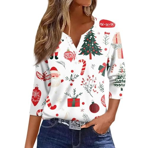 Image of Christmas T Shirts for Women UK,Plus Size Long Sleeve Xmas Blouses for Women Basic Soft Loose Fit Top V Neck Printd Tshirt(XL,01-White)