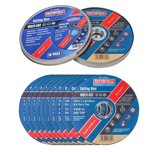 Image of Faithfull Extra Thin 1mm Fast Cut Cutting Discs – 125mm x 1mm x 22.23mm (5 inch) Multi-Cut Disc, 10 Pack with Storage Tin