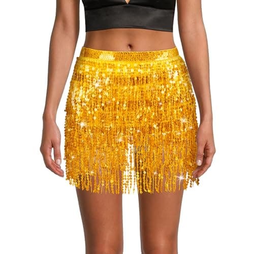 Image of OFFCUP Sequin Skirt, Belly Dance Skirt, Costume Rave Mini Skirts, Tassel Skirts for Performance Costumes for Women and Girls Belly Dance, Zumba or Yoga Class, Festival Show (Gold)