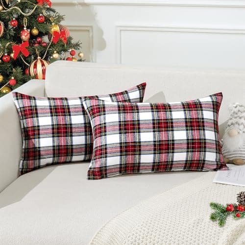 Image of JOTOM Christmas Scottish Tartan Plaid Throw Pillow Covers Farmhouse Classic Decorative Square Cushion Covers 30 x 50cm Soft Pillowcases for Decor Sofa Couch 12x20 Inch Set of 2 (Red White)