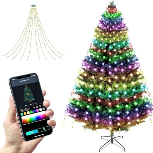 Image of Horsetail Christmas Tree Lights Decorations with Ring Smart APP, 200LED 65ft Fairy Waterfall String Lights Outdoor & Indoor Strand Xmas Tree Multi Coloured Lights with Remote Control IP65 Waterproof