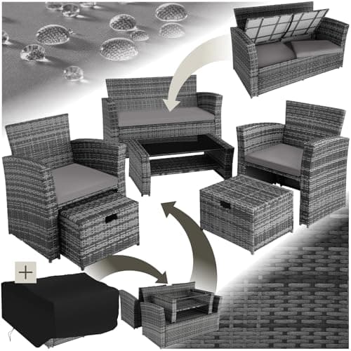Image of tectake® Rattan Garden Furniture, with 1 Sofa, 1 Table and 2 Chairs with 2 stools, Patio Furniture Includes Garden Storage Box and Protective Cover, Ideal for Garden, Conservatory, patio - grey