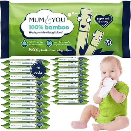 Image of Mum & You Bamboo Baby Wipes Multipack - 100% Biodegradable Wet Bamboo Wipes (20 Packs), 99.4% Water| Ideal Wipes for Sensitive Newborn Skin, Wet Tissue