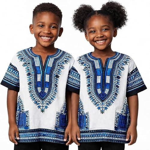 Image of Adalex Global Dashiki African Kids Shirt Traditional Design, Authentic Clothes for Children Ethnic Patterns and African Print Boy Girl (UK, Age, 3 Years, 6 Years, Regular, White Blue)