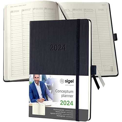 Image of SIGEL C2419 Conceptum Weekly planner 2024, vertical layout, approx. A5, Black, hardcover, 2 pages equal to 1 week, 192 pages