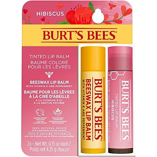 Image of Burt's Bees Lip Balm Multipack, 2x4.25g, Pink, Pack Of 1: Moisturising Lip Balm Duo, Beeswax & Tinted in Hibiscus, Natural, Softening, Nourishing, Dry Lip Care