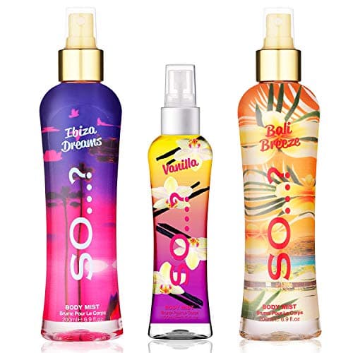 Image of Body Mist by So…? Womens Bali Breeze & Ibiza Dreams (200ml), Vanilla (100ml) Body Mist Mixed Fragrance Spray Bundle (Pack of 3)