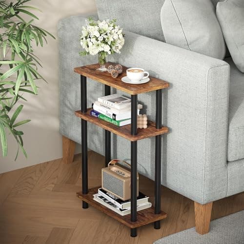Image of APICIZON Narrow Side Table, Slim Small Table, 3 Tier End Table Living Room, 40x18x61.5cm, Modern Thin Side Tables for Living Room, Bedroom, Sofa, Small Nightstand with Magazine Rack, Save Space, Brown