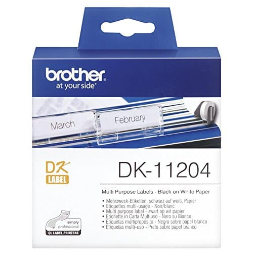 Image of Brother DK-11204 Label Roll, Multi Purpose Labels, Black on White, 400 Labels, 17 mm (W) x 54 mm (L), Brother Genuine Supplies