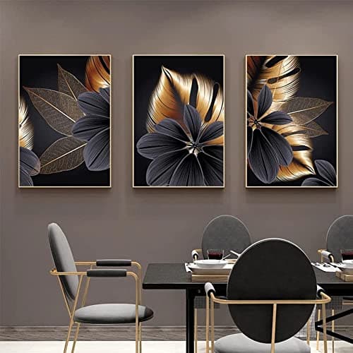 Image of ConBlom Set of 3 Canvas Wall Art Painting - Modern Abstract Black Golden Leaf Plant Nordic Decorative Artwork for Bedroom Kitchen Living Room Home Decor (30 x 40cm) (frame is not included).