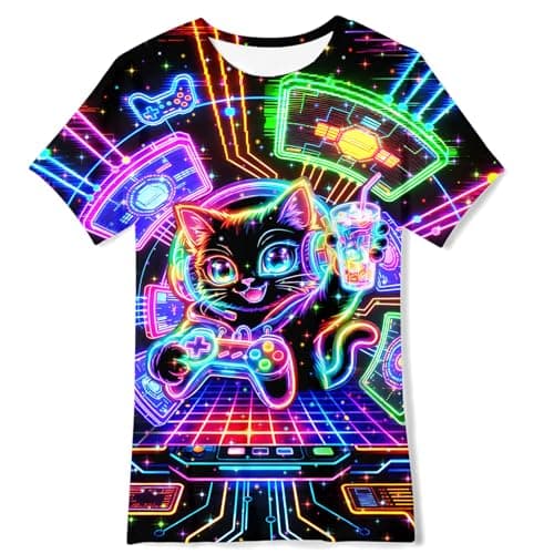 Image of ALISISTER Shirt for Boys Cool Neon 3D Cat Gamepad Short Sleeve Tee Shirts Tops for Party 11-12Years