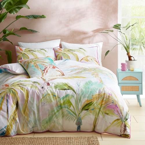 Image of Appletree - Tropical Palm Leaves Duvet Cover - Double Bedding Size (200 x 200cm) - 100% Cotton - Pink Piped Edge - 2 Pillowcases - Green Tropical Bedding with Leaf - Jungle Duvet Cover in Pink