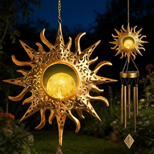 Image of Solar Sun Light Wind Chimes for Outside - LED Sun Garden Night Lights, Waterproof Crackle Glass Ball Wind Chimes, Outdoor Patio Decor, Solar Light for Yard Garden Patio Proch Tree Wall, Gift for Women