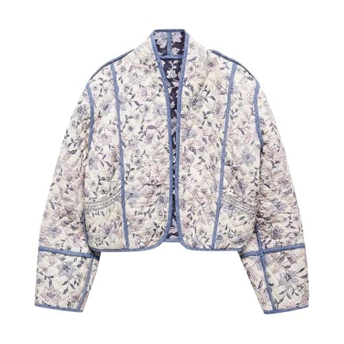 Image of Generisch Winter Jacket Women Warm Jacket Winter Women Short Jacket Floral Print Lightweight Short Padded Quilted Coat Open Front Winter Outwear, White, L
