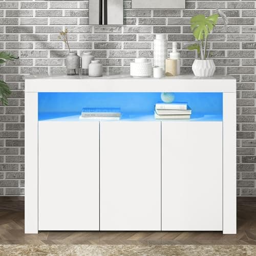 Image of Jaxenor High Gloss Sideboard LED Cabinet with 3 Doors for Living Room, Dining Room, Hallway, Kitchen, Storage Display Cabinet with LED Light, USB Powered (White)