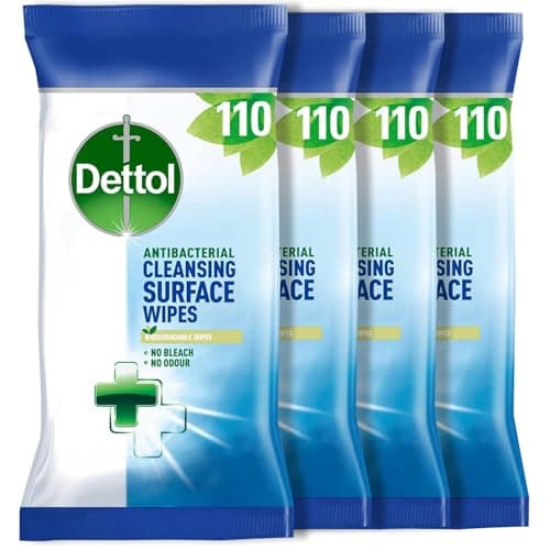 Image of Dettol Antibacterial Cleansing Surface Wipes, Fragrance Free, 440 Wipes (110 x 4pck) Disinfectant, Home Hygiene, Biodegradable, Kills 99.9 Percent of Germs