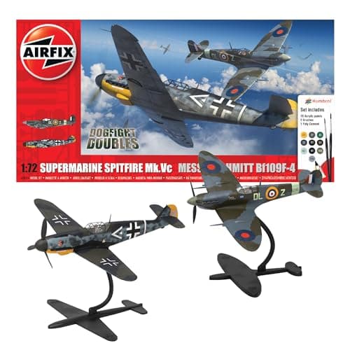 Image of AIRFIX - Gift Set x 2 kits - Model Plane - A50194 Supermarine Spitfire Mk.Vc and Bf109F-4 Dogfight Double Building Set, 1:72 Scale Kit for Adults & Kids 8+ Models Military Gifts for Men Un-Painted