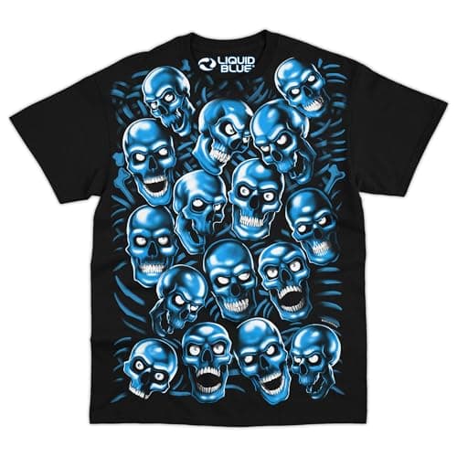 Image of Liquid Blue Skull Pile Graphic T-Shirt for Men – Iconic Skull Art Cotton Tee, Short Sleeve Streetwear, Blue/Black, XXL
