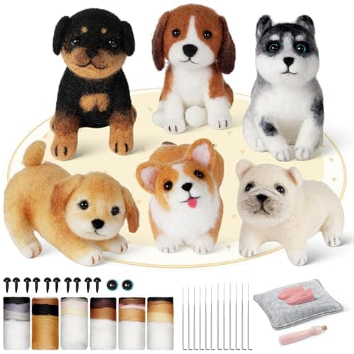 Image of iptek Needle Felting Kit, 6 PCS Animal Needle Felting Beginner Kits, Craft Kits for Adults UK,Wool Felt Needle Felting Tools Foam Pad, Craft Party Supplies for Beginners Adult(The Dog Family)