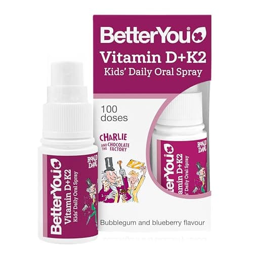 Image of BetterYou Vitamin D3 + K2 Kids Oral Spray, Fast Acting Vitamin D 800 IU + Vitamin K2 (MK-7), Supports Growing Bones and a Healthy Immune System, 100 Sprays, Sugar Free Blueberry and Bubblegum Flavour