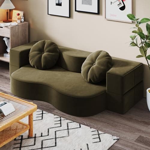 Image of Devoke 67'' Folding Boneless Sofa Bed 2 Seater Small Floor Mattress Convertible Sleeper Sofa Loveseat Futon Couch with 2 Pillows for Living Room Bedroom Green