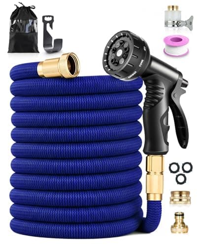 Image of Expandable Garden Hose Pipe 100FT/30M, 10 Function Nozzle, 4-Layer Latex, 3/4" & 1/2" Fittings, Durable 3750D Fabric, Easy Storage and Leak-Resistant Design for Gardening, Car Cleaning, Blue