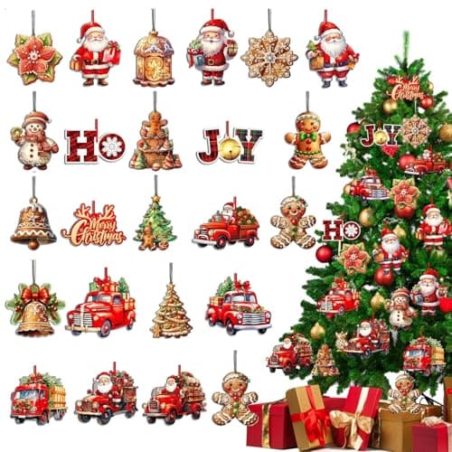 Image of FOSDICK 24 PCS Wooden Christmas Tree Decorations, Christmas Decorations Tree, Xmas tree Ornaments with Gingerbread Man Santa Car Motifs, Wooden Hanging Pendants with String for Home Party Winter Decor