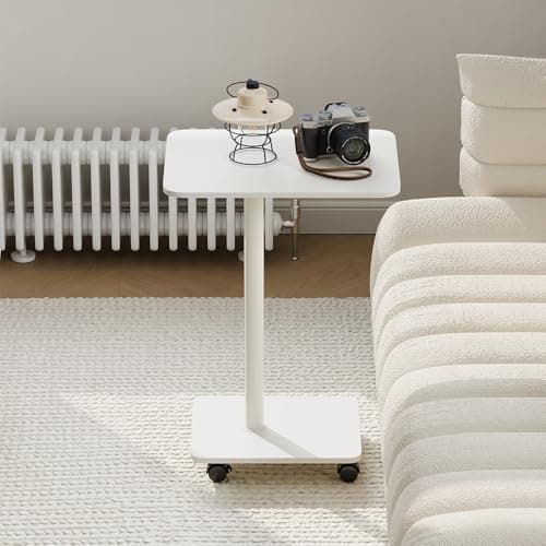 Image of Warmiehomy Bedside Table End Table C-Shaped Side Table 360°Swivel with 4 Casters Coffee Table Sofa Side Table with Metal Frame for Small Spaces Living Room Bedroom 39.5x30.5x56.7cm(White 1)