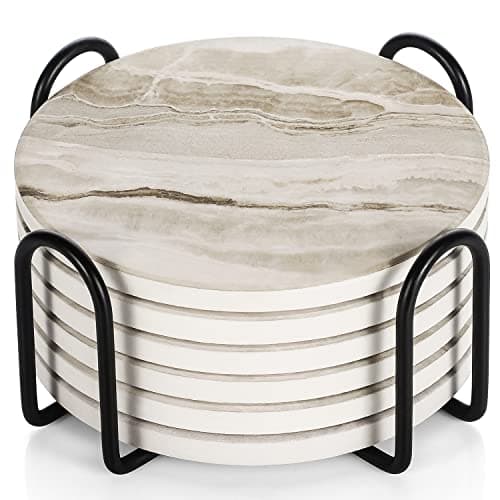 Image of LIFVER Coasters Set of 6 - Marble Ceramic With Holder and Cork Base for Women Men, Various Cups, Tables & Home Decor, 4''