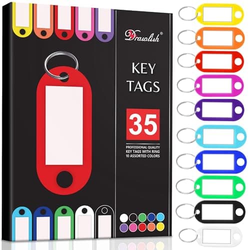 Image of Key Tags with Labels - Pack of 35 Durable Key Fobs with Split Keyrings - 10 Colors Key Labels with Top Holes - Ideal for Luggage, Pet Name, Key Identification, & More