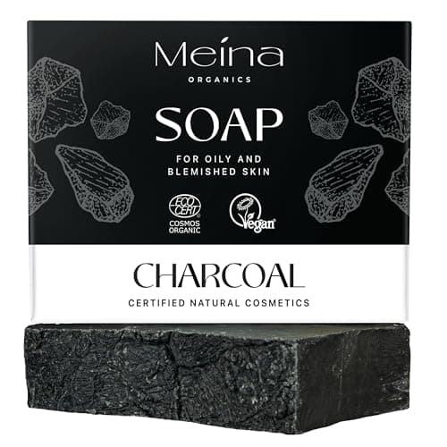 Image of Meina Black Charcoal Soap Bar for Blemish Prone Skin, 100% Natural, Organic Certified, Face and Body, Vegan, Without Palm Oil, Plastic Free, Perfect for Travel and Sport, 100g