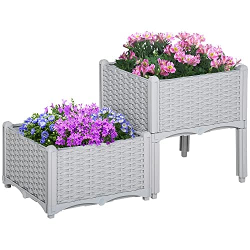 Image of Outsunny Set of 2 26L Garden Raised Bed Elevated Patio Flower Plant Planter Box PP Vegetables Planting Container, Grey