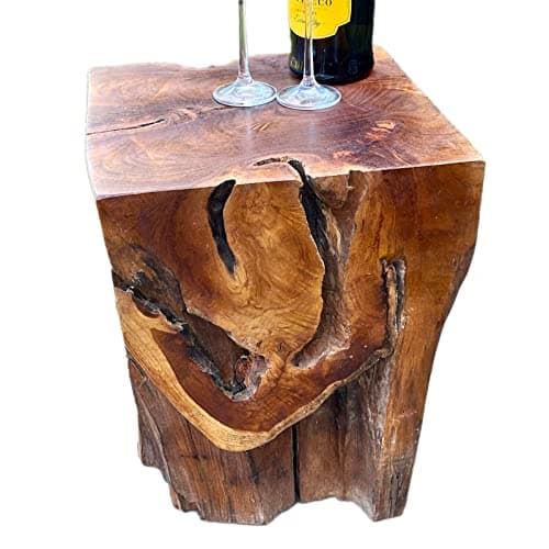 Image of Darthome Square Teak Root Block Table Stool Carved Natural Rustic Wood Side End Furniture 40cm