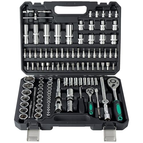 Image of Ginour 138-Piece Socket Wrench Set, 1/4", 1/2" Drive Socket Set with Quick Release Ratchets, Sockets, Bits, Extensions, Adapters – CR-V Metric Tool Set for Car Repair, Bicycle,DIY