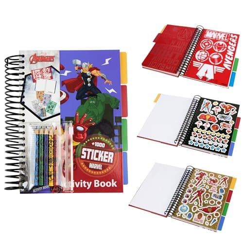 Image of Marvel Boys Sticker Book Over 1000 Spiderman Stickers Scrapbook Colouring Pencils Avengers Activity Book - Boys Gifts (Multi Avengers)