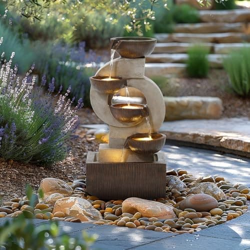 Image of CHARLES BENTLEY 4 Tier Water Feature, UV Resistant, Weather Resistant, Mains Powered, Plug Included, Frost Resistant, Modern, Water Fountain, Built In LED Lights, Polyresin, Stone (59.5x31x25cm)