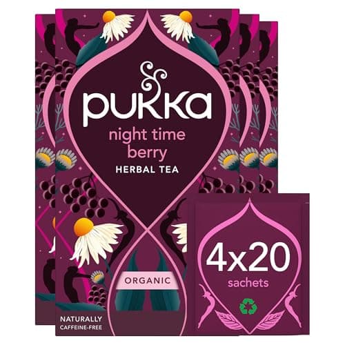 Image of Pukka Herbs, Night Time Berry Organic Herbal Sleep Tea Box, Chamomile, Lavender and Blackcurrent5063270112328 Tea, Bedtime Relaxation, Caffeine Free, 4 Packs, 80 Plant Based Biodegradable Tea Bags