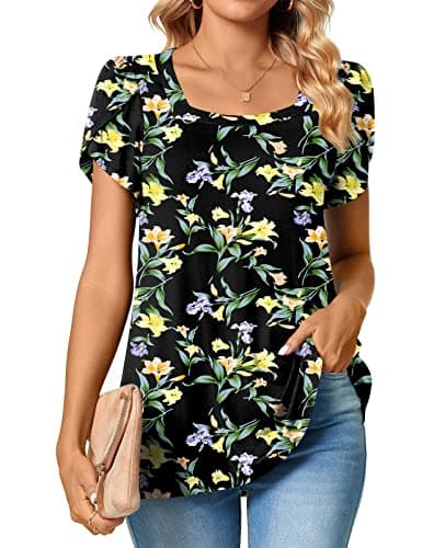 Image of TAOHUADAO Womens Summer Casual T-Shirts Square Neck Petal Short Sleeve Tunic Tops for Legging Loose Comfy Blouses Large, Black Lily