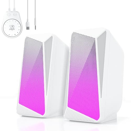 Image of SOULION C30 Stereo 2.0 Bluetooth PC Speakers for Desktop Computer, Monitor, Laptop, Gaming, 3.5mm Aux input, USB Powered, Colourful LED Lighting, 1 Pair, white