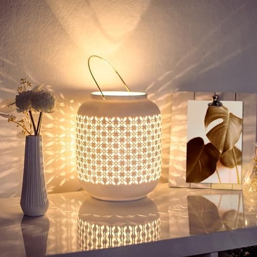 Image of VOLIOS Ceramic Table Lamp, 6 Watt LED Bulb, White Table Light (Lantern)