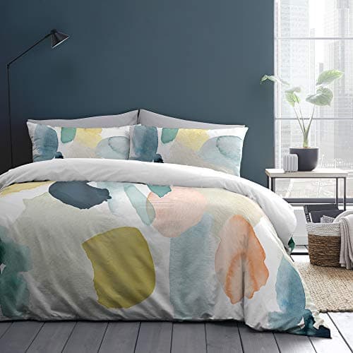 Image of Appletree - White Watercolour Duvet Cover - Double Bedding Size (200 x 200cm) - Soft 100% Cotton - 2 Pillowcases - Reversible Design - White Bedding with Rainbow Paint - Paint Dye Duvet Cover